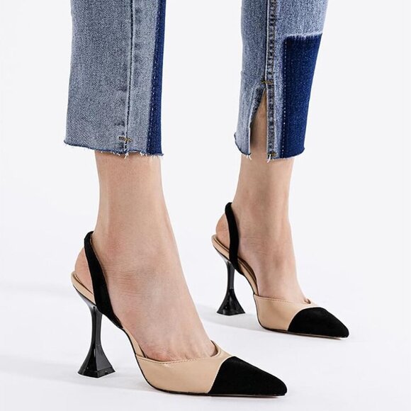 Women's Faux Suede Slingback Pumps Patchwork Heels Slip On Dress Shoes - Picture 3 of 7